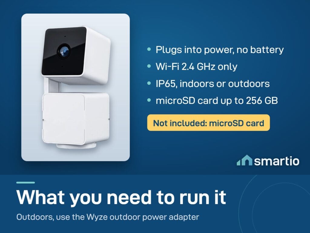 Wyze Cam Pan v3 is wired, needs Wi-Fi 2.4 GHz, is IP65 and takes a microSD card up to 256 GB, sold separately