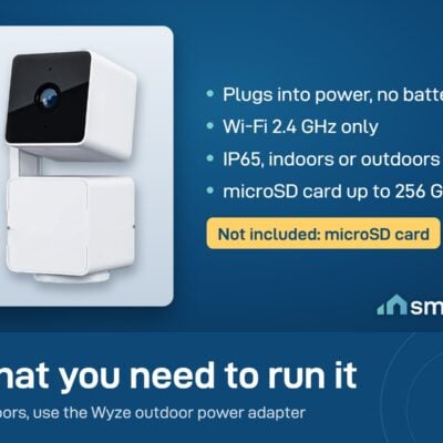 Wyze Cam Pan v3 is wired, needs Wi-Fi 2.4 GHz, is IP65 and takes a microSD card up to 256 GB, sold separately