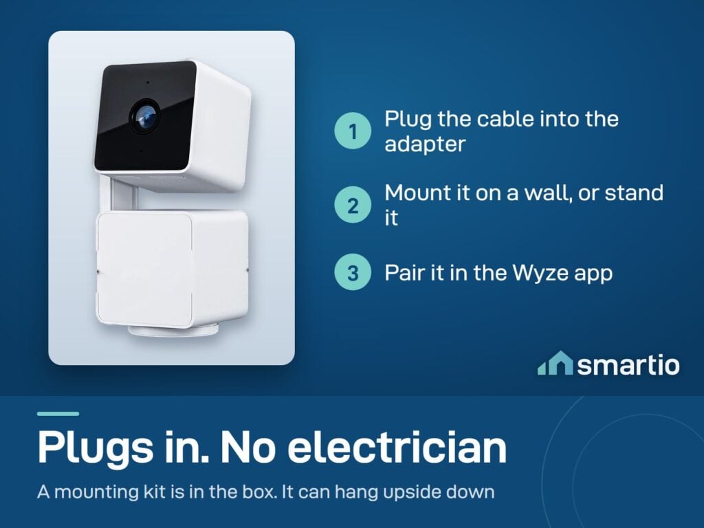 Wyze Cam Pan v3 setup: plug the cable into the adapter, mount it on a wall or stand it up, pair in the Wyze app