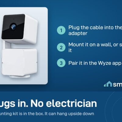 Wyze Cam Pan v3 setup: plug the cable into the adapter, mount it on a wall or stand it up, pair in the Wyze app