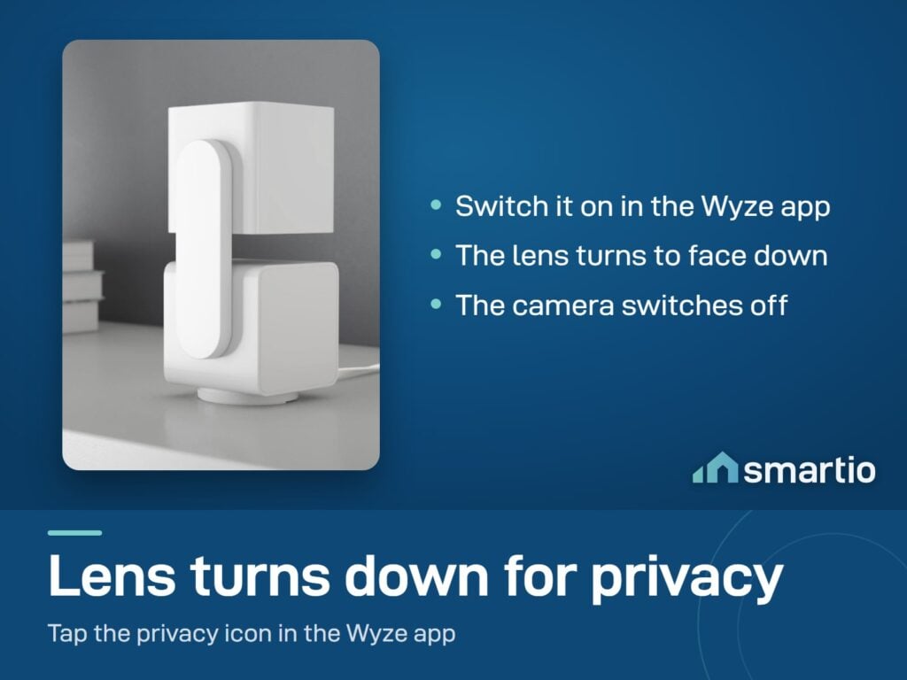 Wyze Cam Pan v3 on a shelf in privacy mode, with the lens turned down to face the base