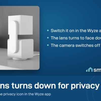Wyze Cam Pan v3 on a shelf in privacy mode, with the lens turned down to face the base