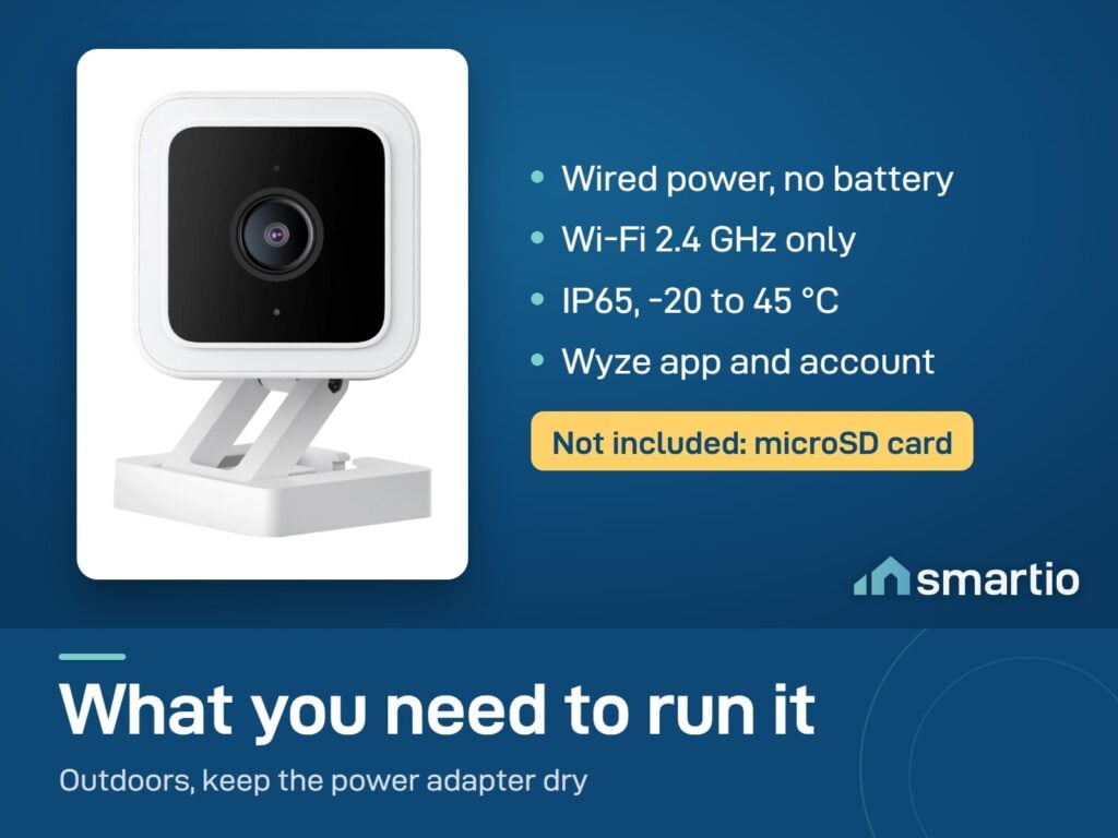 Wyze Cam v3 is wired, needs Wi-Fi 2.4 GHz and the Wyze app, and is IP65. microSD card not included