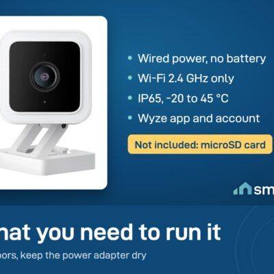 Wyze Cam v3 is wired, needs Wi-Fi 2.4 GHz and the Wyze app, and is IP65. microSD card not included