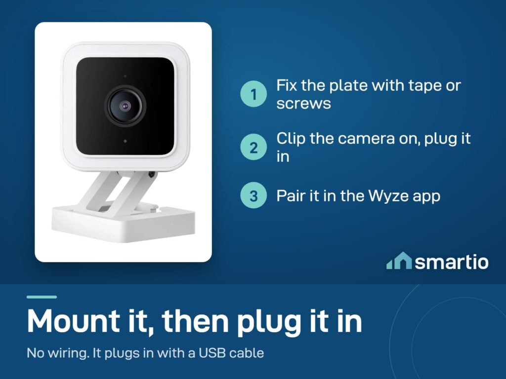 Wyze Cam v3 install: fix the wall plate, clip the camera on and plug in, pair it in the Wyze app