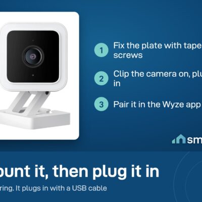 Wyze Cam v3 install: fix the wall plate, clip the camera on and plug in, pair it in the Wyze app