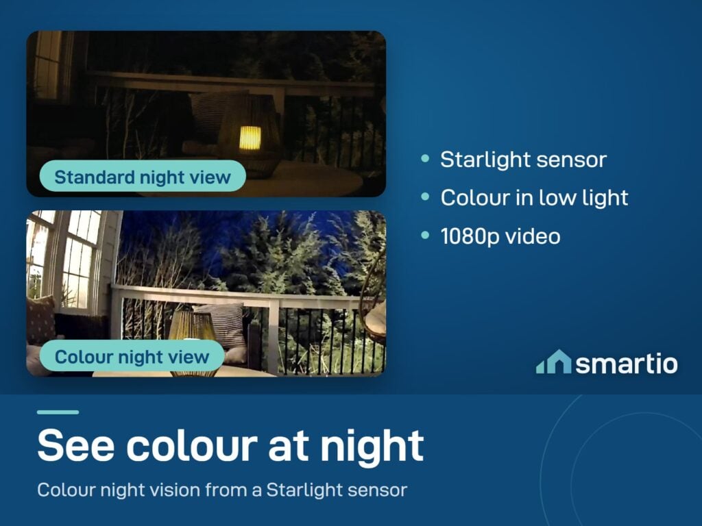 Wyze Cam v3 night views of a balcony: standard night view above, colour night view below