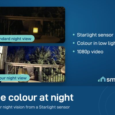Wyze Cam v3 night views of a balcony: standard night view above, colour night view below