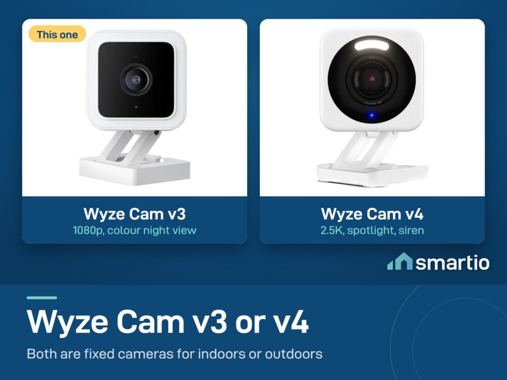 Wyze Cam v3 next to the Wyze Cam v4: both are fixed cameras; v3 is 1080p, v4 is 2.5K with a spotlight and siren