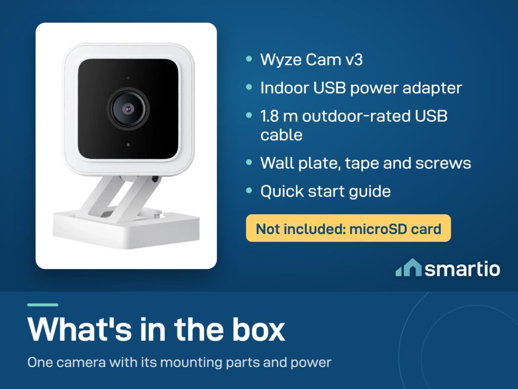What's in the Wyze Cam v3 box: camera, indoor USB adapter, USB cable, wall plate, tape, screws, guide. No microSD card