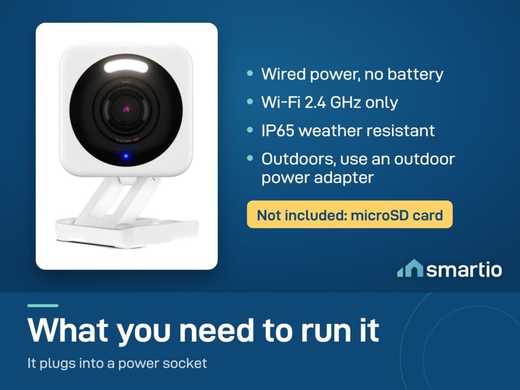 Wyze Cam v4 is wired, needs Wi-Fi 2.4 GHz and is IP65. Outdoor use needs an outdoor power adapter