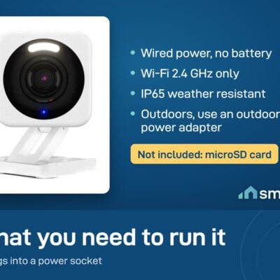 Wyze Cam v4 is wired, needs Wi-Fi 2.4 GHz and is IP65. Outdoor use needs an outdoor power adapter