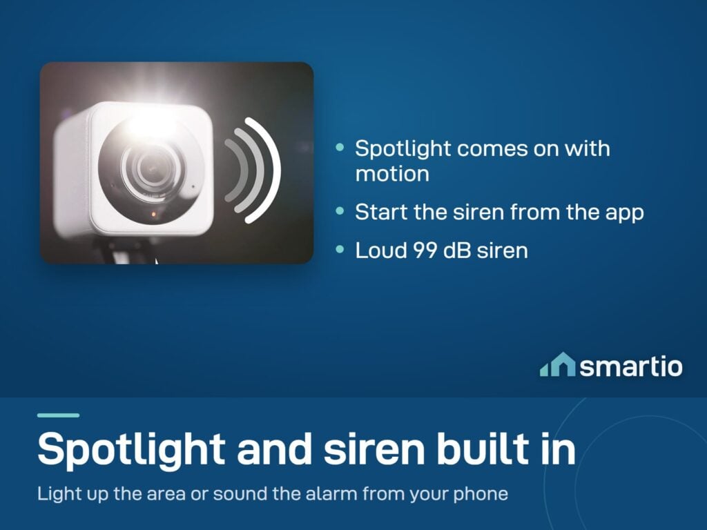 Close-up of the Wyze Cam v4 with its spotlight on and siren sound waves