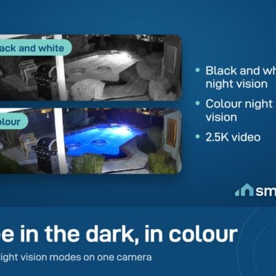 Wyze Cam v4 night vision views of a backyard: black and white on top, colour below