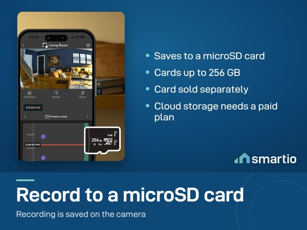 Wyze app timeline on a phone next to a 256 GB microSD card. The Wyze Cam v4 records to microSD up to 256 GB