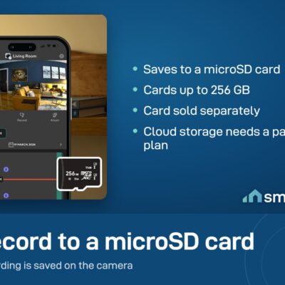 Wyze app timeline on a phone next to a 256 GB microSD card. The Wyze Cam v4 records to microSD up to 256 GB