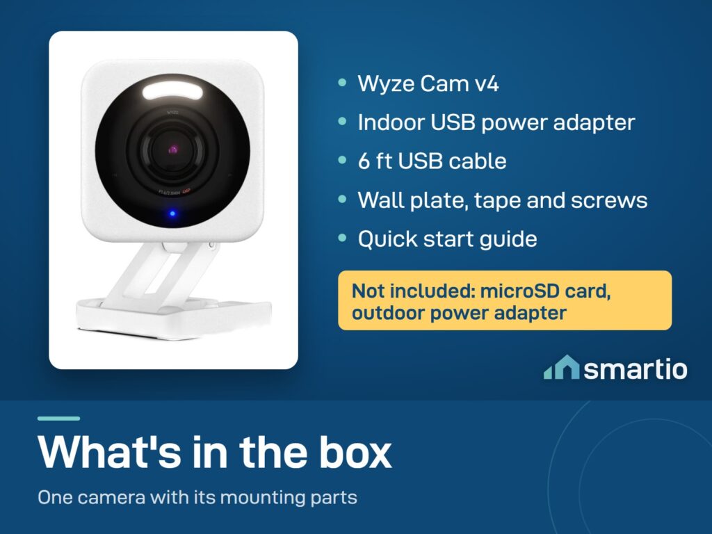 What's in the Wyze Cam v4 box: camera, indoor USB adapter, cable, wall plate, tape, screws, guide. No microSD card