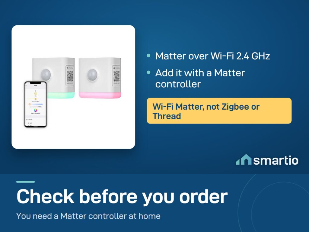 Two Third Reality Matter night lights with the app on a phone; they use Matter over Wi-Fi 2.4 GHz