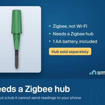 ThirdReality Smart Soil Moisture Sensor Gen2 uses Zigbee and needs a Zigbee hub, sold separately. 1 AA battery included