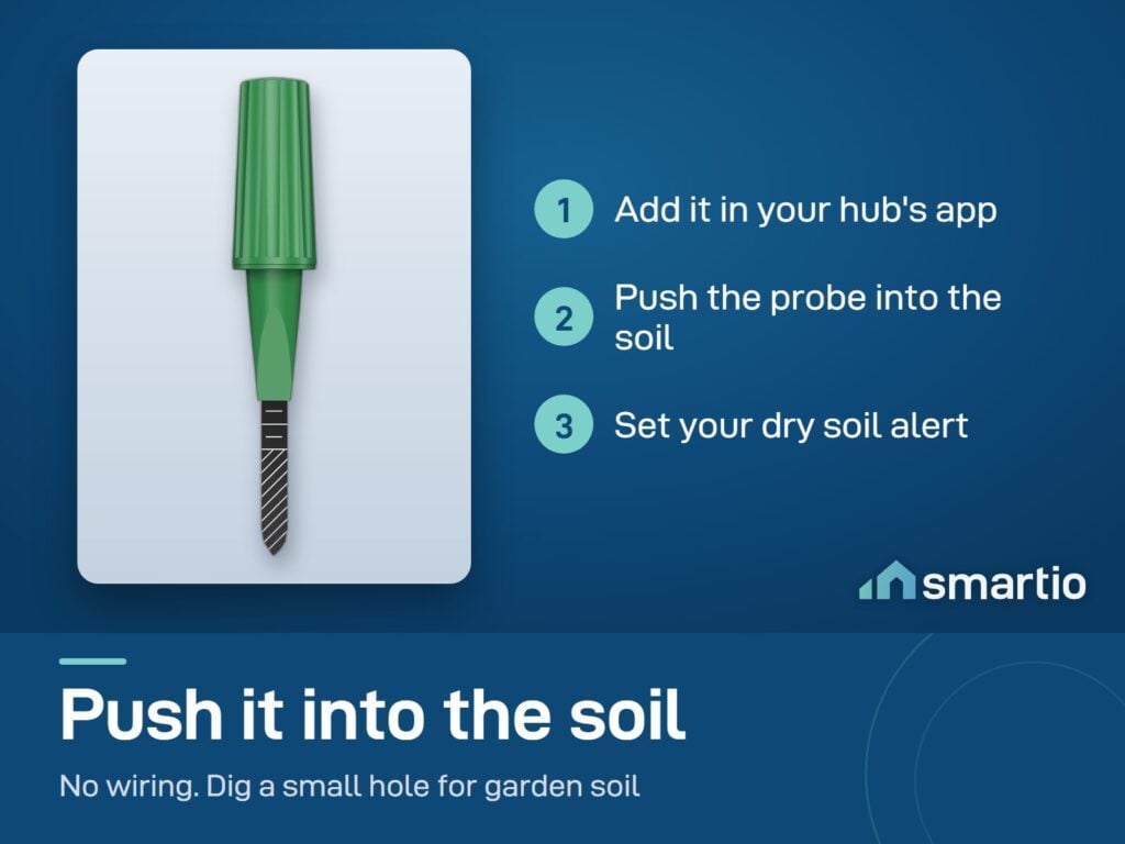 ThirdReality soil moisture sensor setup: add it in your hub app, push the probe into the soil, set a dry soil alert