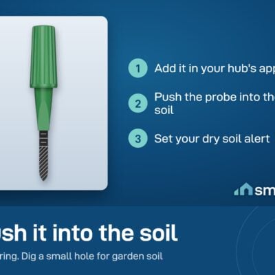 ThirdReality soil moisture sensor setup: add it in your hub app, push the probe into the soil, set a dry soil alert
