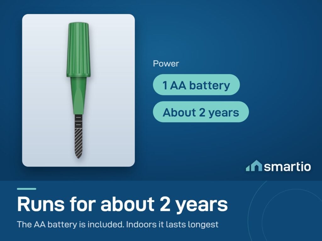 ThirdReality Smart Soil Moisture Sensor Gen2 runs on one AA battery, included, for about 2 years