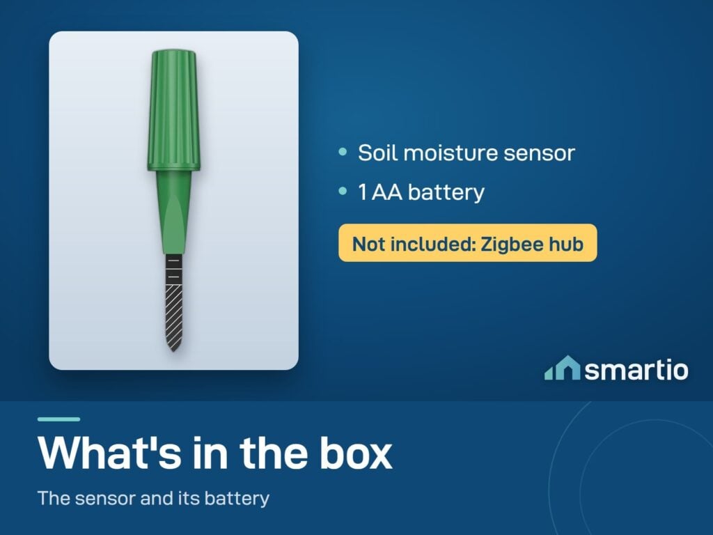 What's in the ThirdReality Smart Soil Moisture Sensor Gen2 box: sensor and AA battery. Zigbee hub not included