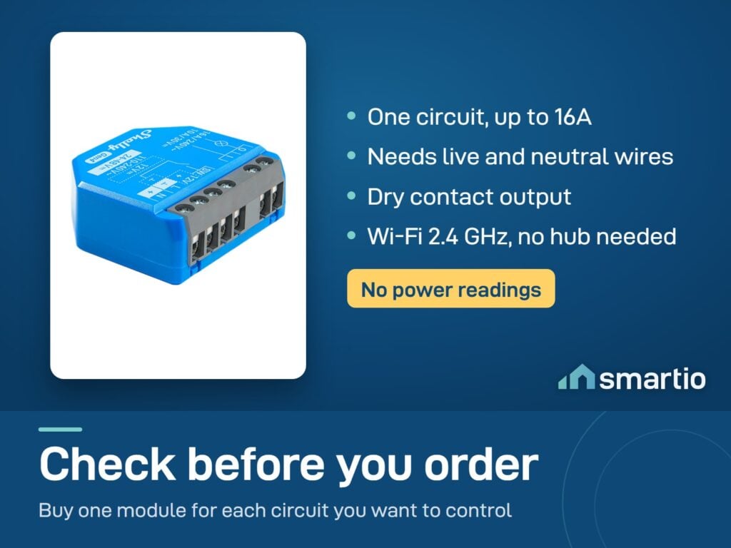 Shelly 1 Gen4: one circuit up to 16A, live and neutral wires needed, dry contact, Wi-Fi 2.4 GHz, no hub