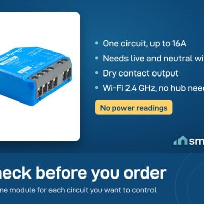 Shelly 1 Gen4: one circuit up to 16A, live and neutral wires needed, dry contact, Wi-Fi 2.4 GHz, no hub