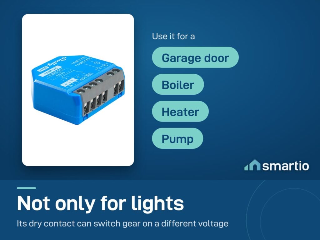 Shelly 1 Gen4 with a dry contact output, for a garage door, boiler, heater or pump as well as lights