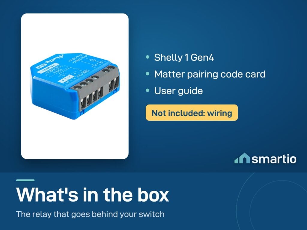 What's in the Shelly 1 Gen4 box: the module, a Matter pairing code card and a user guide. Wiring is not included