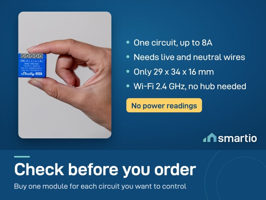 Shelly 1 Mini Gen4 held between two fingers: one circuit up to 8A, 29 x 34 x 16 mm, Wi-Fi 2.4 GHz, no hub