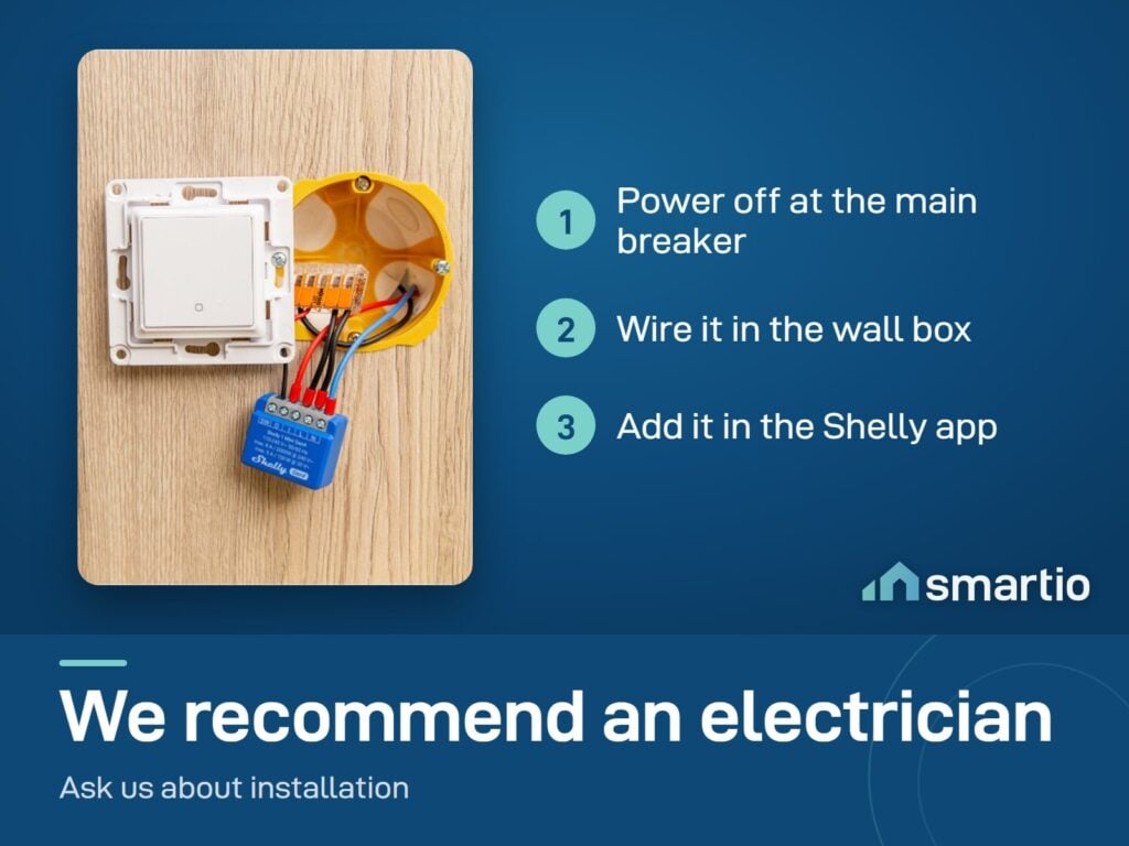 Shelly 1 Mini Gen4 wired next to a wall switch: power off, wire it in the wall box, add it in the Shelly app