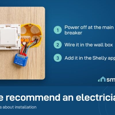 Shelly 1 Mini Gen4 wired next to a wall switch: power off, wire it in the wall box, add it in the Shelly app