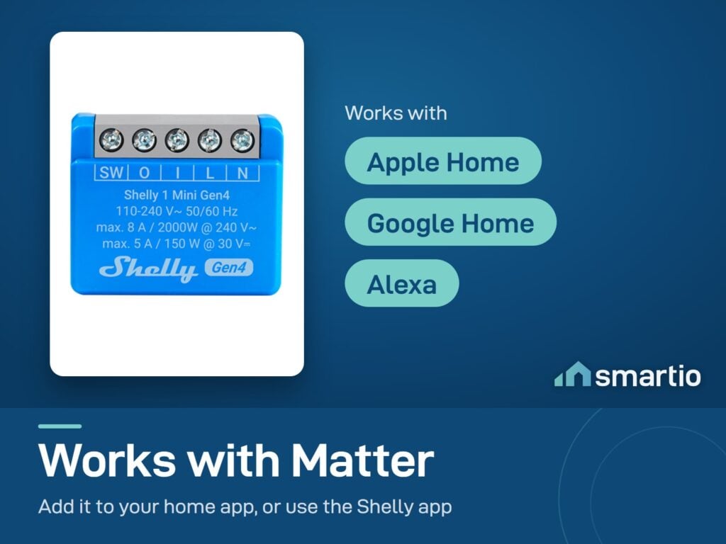 Shelly 1 Mini Gen4 works with Apple Home, Google Home and Alexa through Matter