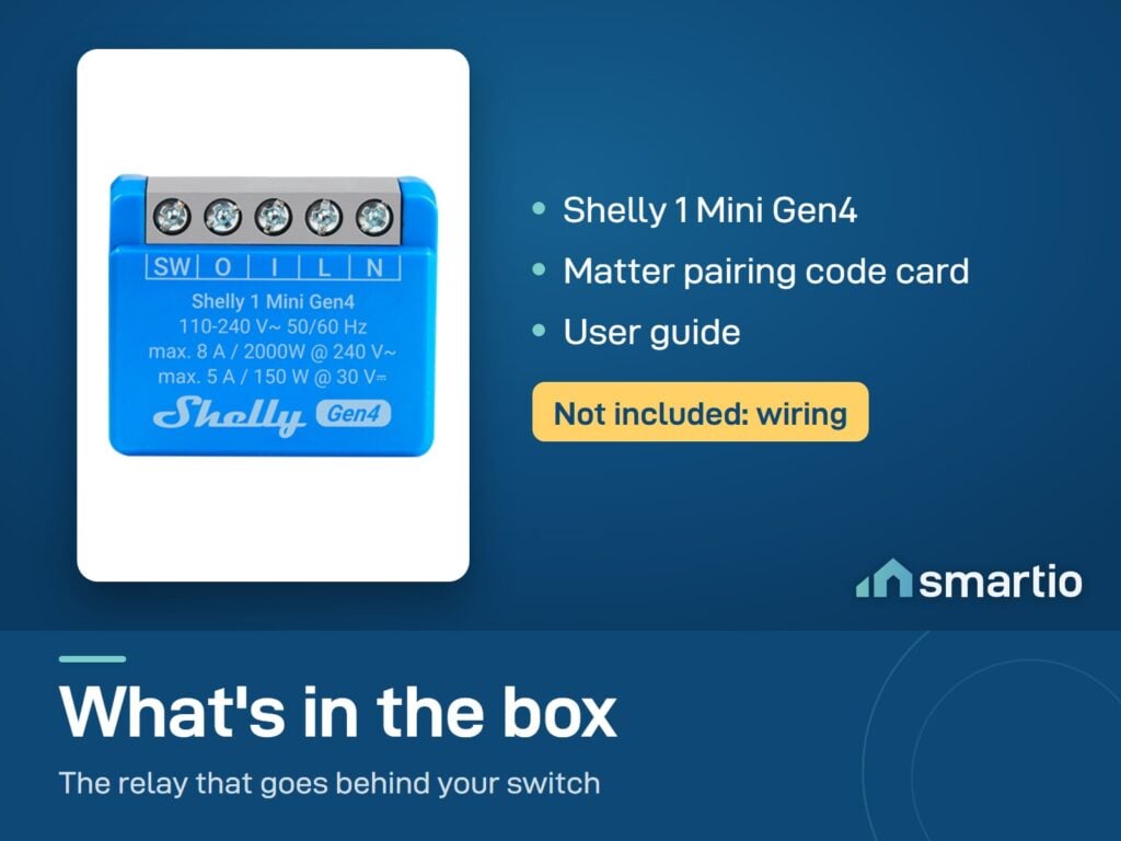 What's in the Shelly 1 Mini Gen4 box: the module, a Matter pairing code card and a user guide. Wiring is not included