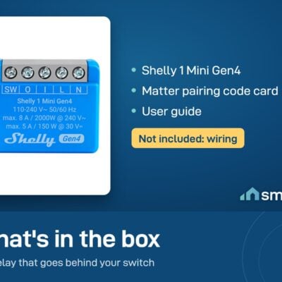 What's in the Shelly 1 Mini Gen4 box: the module, a Matter pairing code card and a user guide. Wiring is not included
