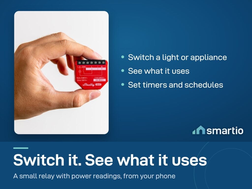 Shelly 1PM Gen3 relay held in a hand, a small relay that switches a load and measures its power use