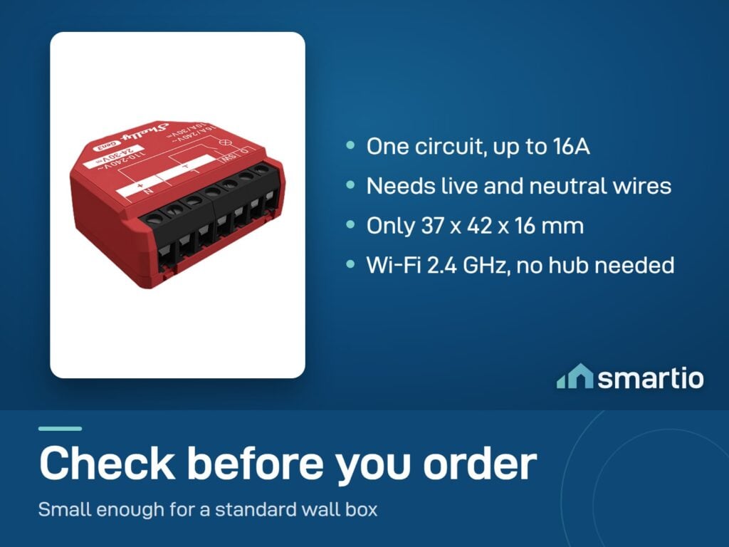 Shelly 1PM Gen3 relay: one circuit up to 16A, live and neutral wires needed, 37 x 42 x 16 mm, Wi-Fi 2.4 GHz