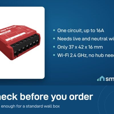 Shelly 1PM Gen3 relay: one circuit up to 16A, live and neutral wires needed, 37 x 42 x 16 mm, Wi-Fi 2.4 GHz
