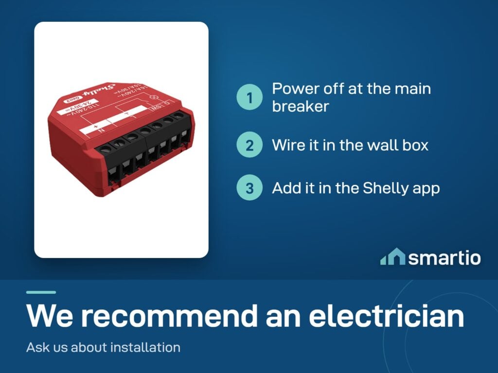 Shelly 1PM Gen3 install: power off at the main breaker, wire it in the wall box, add it in the Shelly app
