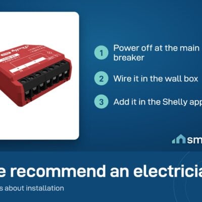Shelly 1PM Gen3 install: power off at the main breaker, wire it in the wall box, add it in the Shelly app
