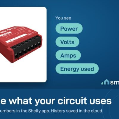 Shelly 1PM Gen3 measures power, volts, amps and energy used, shown in the Shelly app