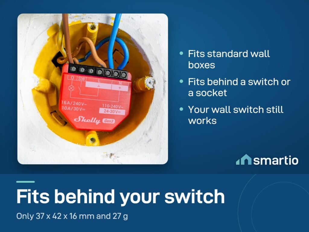 Shelly 1PM Gen3 relay wired inside a wall box, small enough to fit behind a switch or socket