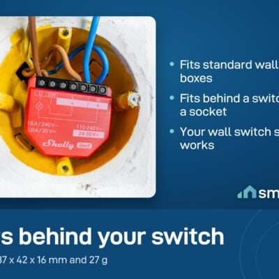 Shelly 1PM Gen3 relay wired inside a wall box, small enough to fit behind a switch or socket