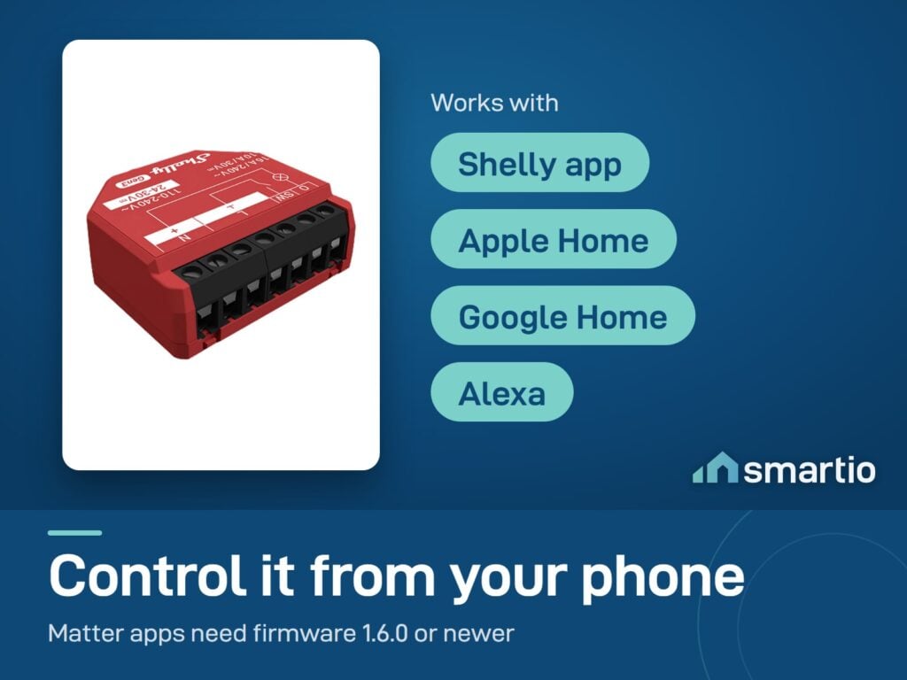 Shelly 1PM Gen3 works with the Shelly app, and with Apple Home, Google Home and Alexa through Matter