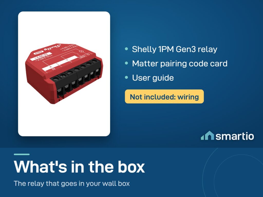 What's in the Shelly 1PM Gen3 box: the relay, a Matter pairing code card and a user guide. Wiring is not included