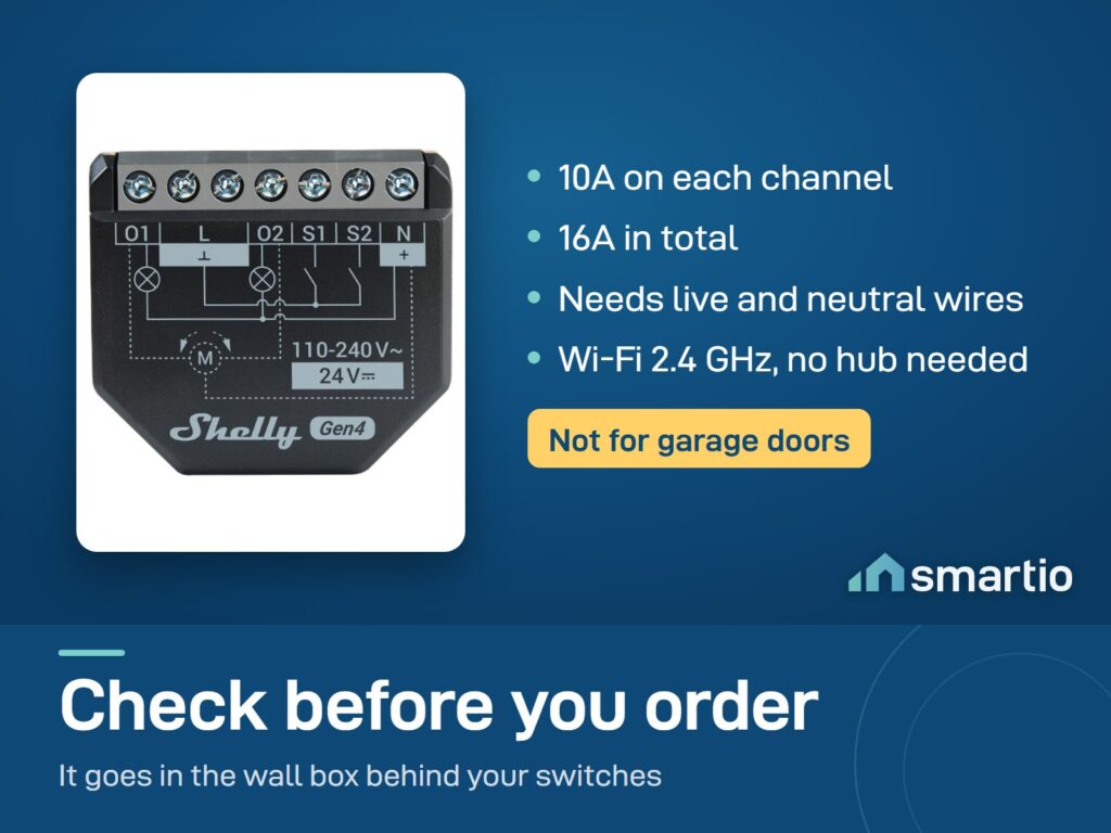 Shelly 2PM Gen4: two channels of 10A each, 16A in total, live and neutral wires needed, Wi-Fi 2.4 GHz, no hub