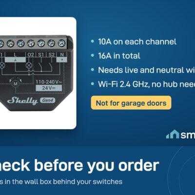 Shelly 2PM Gen4: two channels of 10A each, 16A in total, live and neutral wires needed, Wi-Fi 2.4 GHz, no hub