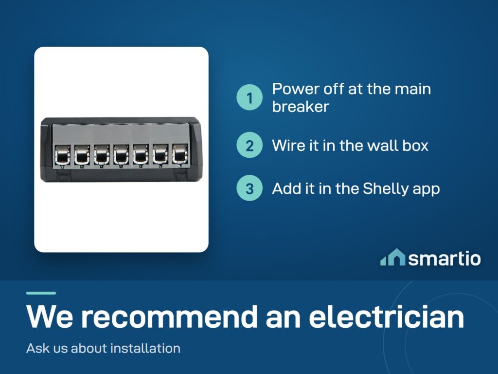 Shelly 2PM Gen4 terminal block: power off, wire it in the wall box, add it in the Shelly app